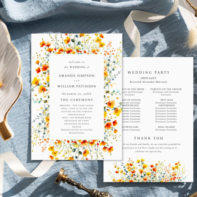 Elegant Watercolor Wild Flowers Wedding Ceremony Programme (Creator Uploaded)
