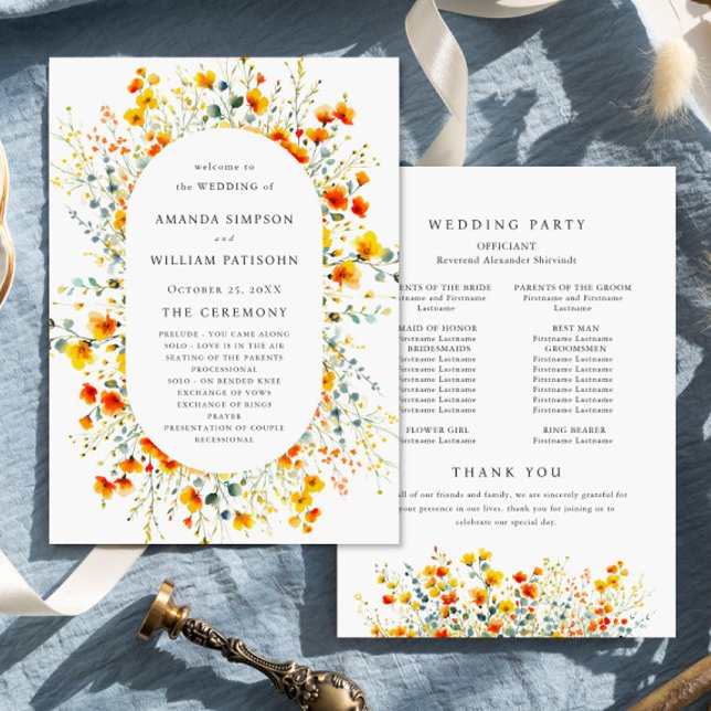 Elegant Watercolor Wild Flowers Wedding Ceremony Programme (Creator Uploaded)