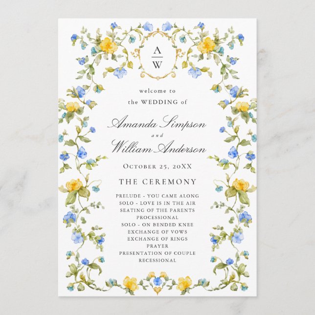 Elegant Watercolor Wild Flowers Wedding Ceremony Programme (Front)
