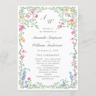 Elegant Watercolor Wild Flowers Wedding Ceremony Programme
