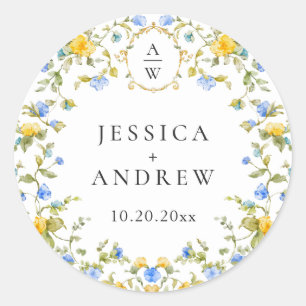 Elegant Watercolor Wild Flowers Wedding Classic Round Sticker