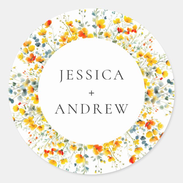 Elegant Watercolor Wild Flowers Wedding Classic Round Sticker (Front)
