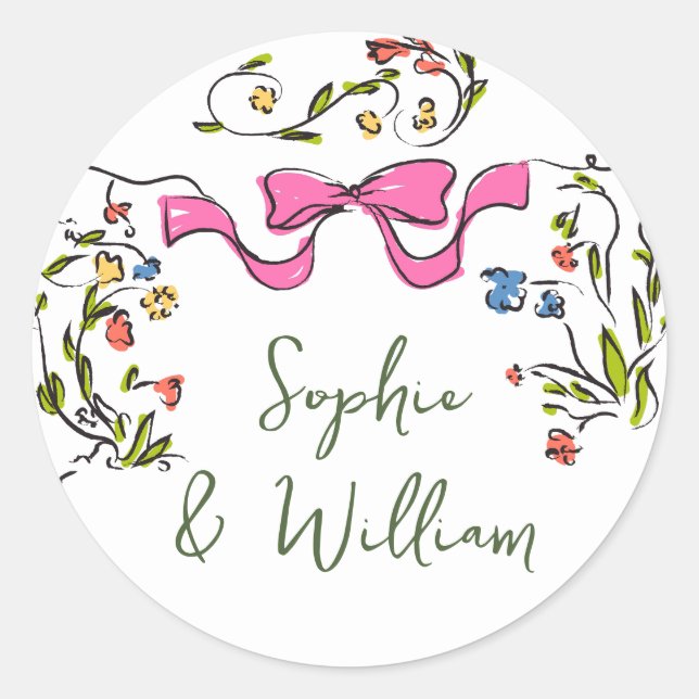 Elegant Watercolor Wild Flowers Wedding Classic Round Sticker (Front)