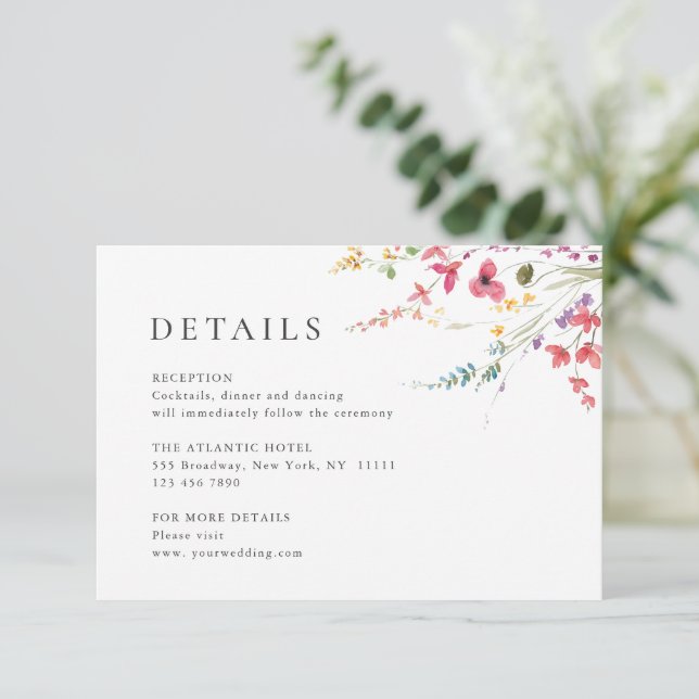 Elegant Watercolor Wild Flowers Wedding Details Enclosure Card (Standing Front)