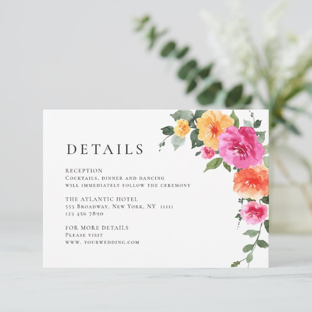 Elegant Watercolor Wild Flowers Wedding Details Enclosure Card (Standing Front)