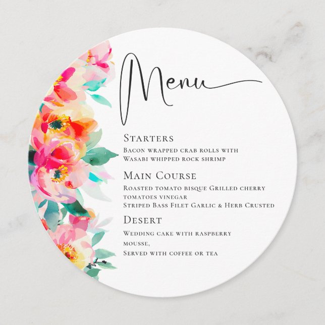 Elegant Watercolor Wild Flowers Wedding Dinner Menu (Front)