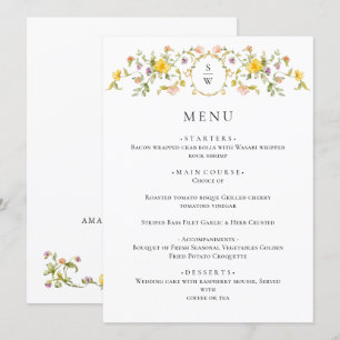 Elegant Watercolor Wild Flowers Wedding Dinner Menu