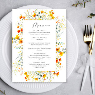 Elegant Watercolor Wild Flowers Wedding Dinner Menu