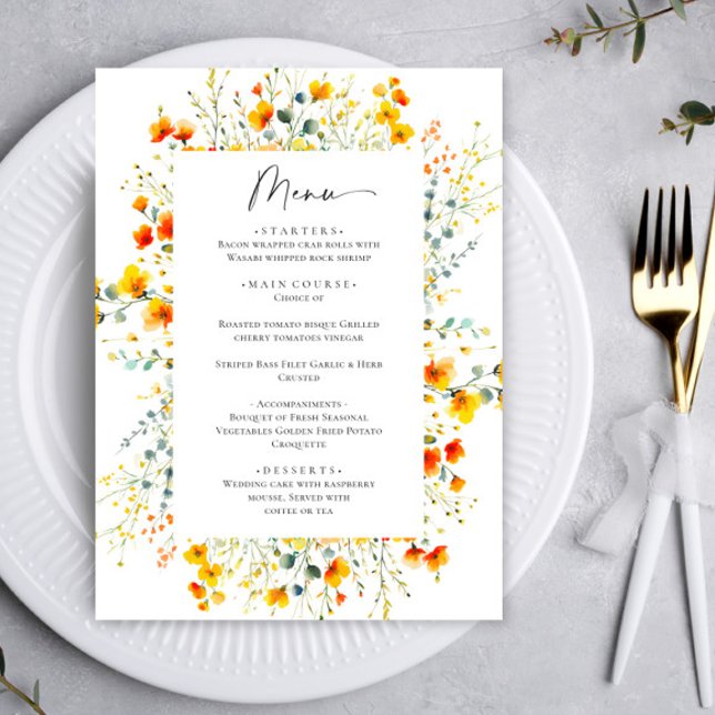 Elegant Watercolor Wild Flowers Wedding Dinner Menu (Creator Uploaded)