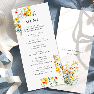 Elegant Watercolor Wild Flowers Wedding Dinner Menu