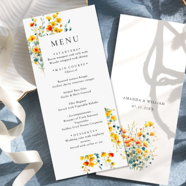 Elegant Watercolor Wild Flowers Wedding Dinner Menu (Creator Uploaded)