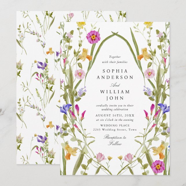 Elegant Watercolor Wild Flowers Wedding Invitation (Front/Back)