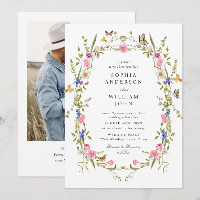 Elegant Watercolor Wild Flowers Wedding Photo Invitation (Front/Back)