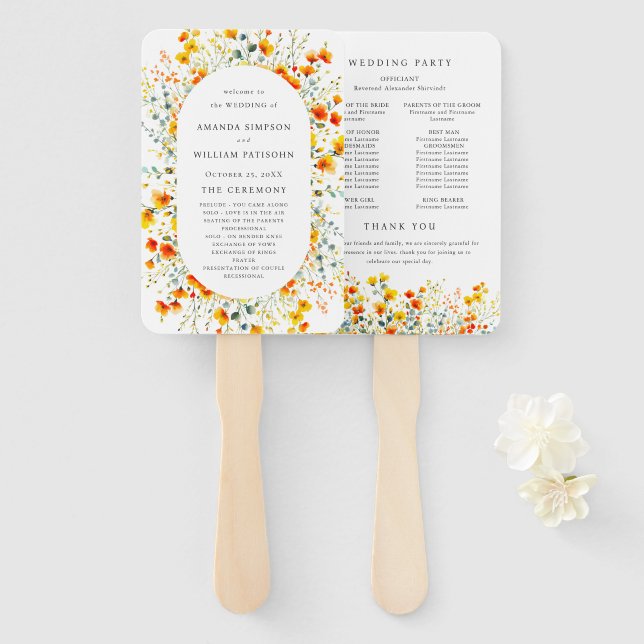 Elegant Watercolor Wild Flowers Wedding Program Hand Fan (Front and Back)