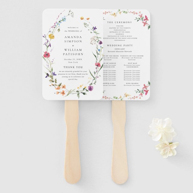 Elegant Watercolor Wild Flowers Wedding Program Hand Fan (Front and Back)