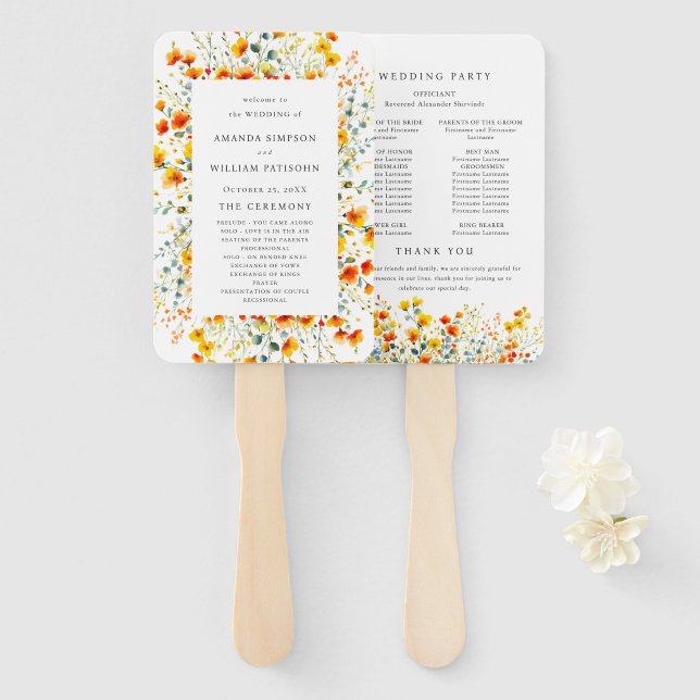 Elegant Watercolor Wild Flowers Wedding Program Hand Fan (Front and Back)