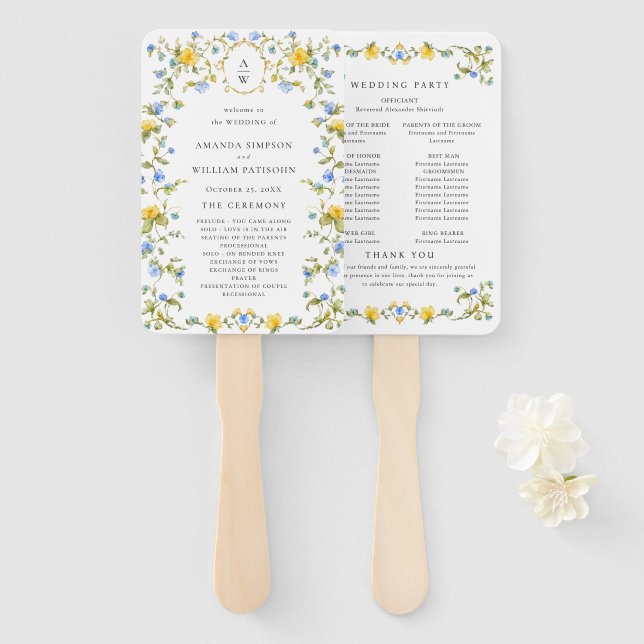 Elegant Watercolor Wild Flowers Wedding Program Hand Fan (Front and Back)
