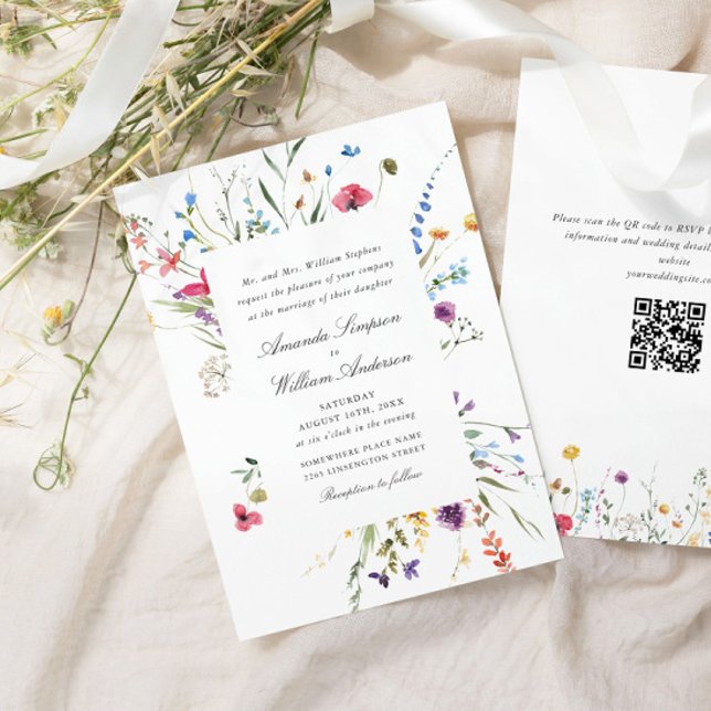 Elegant Watercolor Wild Flowers Wedding QR code Invitation (Creator Uploaded)