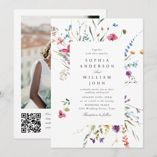 Elegant Watercolor Wild Flowers Wedding QR code Invitation (Front/Back)