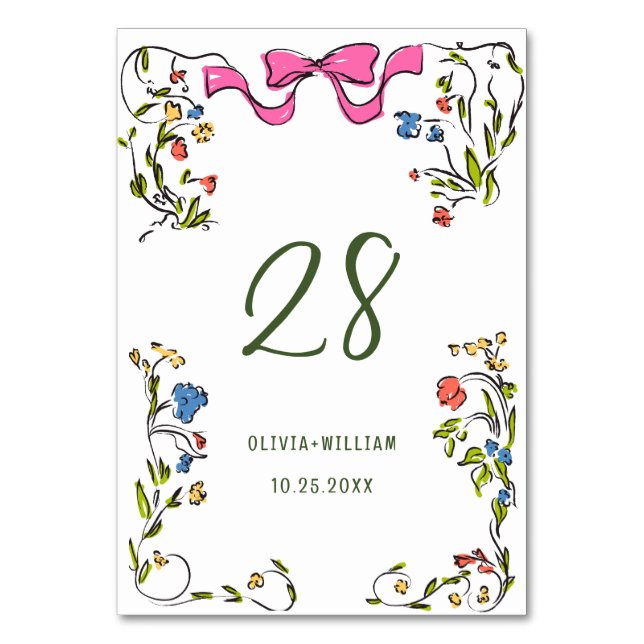 Elegant Watercolor Wild Flowers Wedding Table Number (Front)