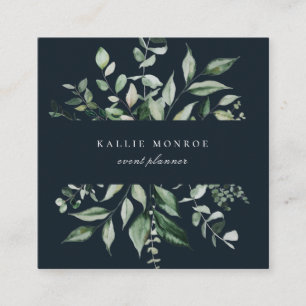 Elegant Watercolor Wild Foliage Dark Blue Square Business Card