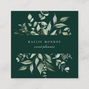 Elegant Watercolor Wild Foliage Emerald Square Business Card