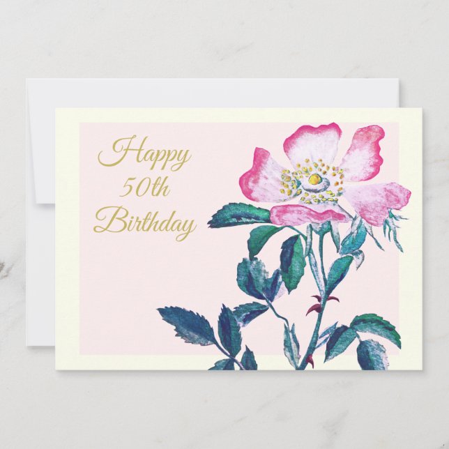 Elegant Watercolor Wild Rose 50th Birthday Holiday Card (Front)