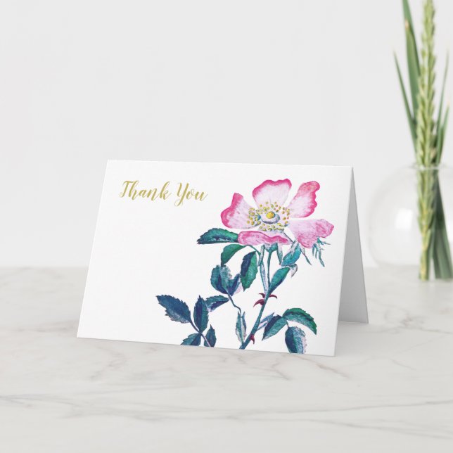 Elegant Watercolor Wild Rose Flower Thank You (Front)