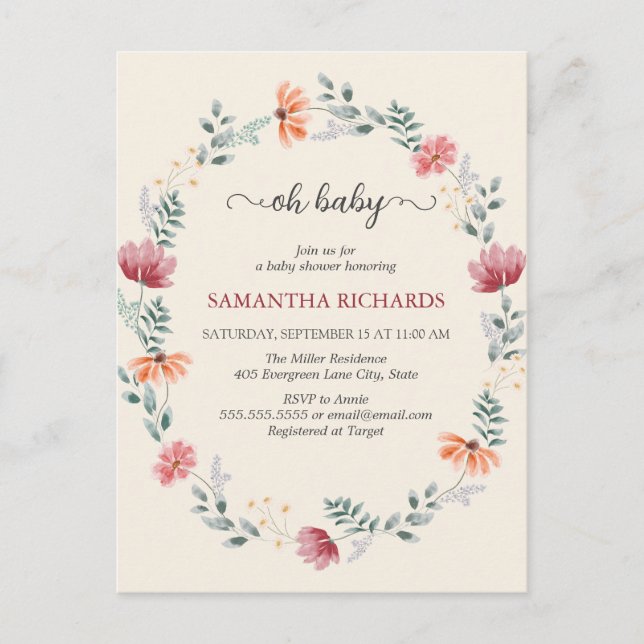 Elegant  watercolor wildflower baby shower  postcard (Front)