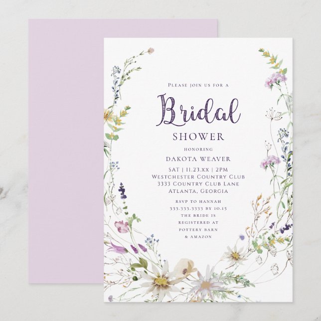 Elegant Watercolor Wildflower Bridal Shower Invitation (Front/Back)