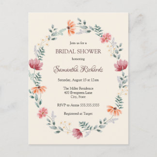 Elegant  watercolor wildflower bridal shower  postcard