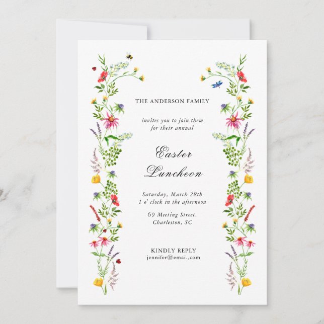 Elegant watercolor wildflower Easter luncheon Announcement (Front)