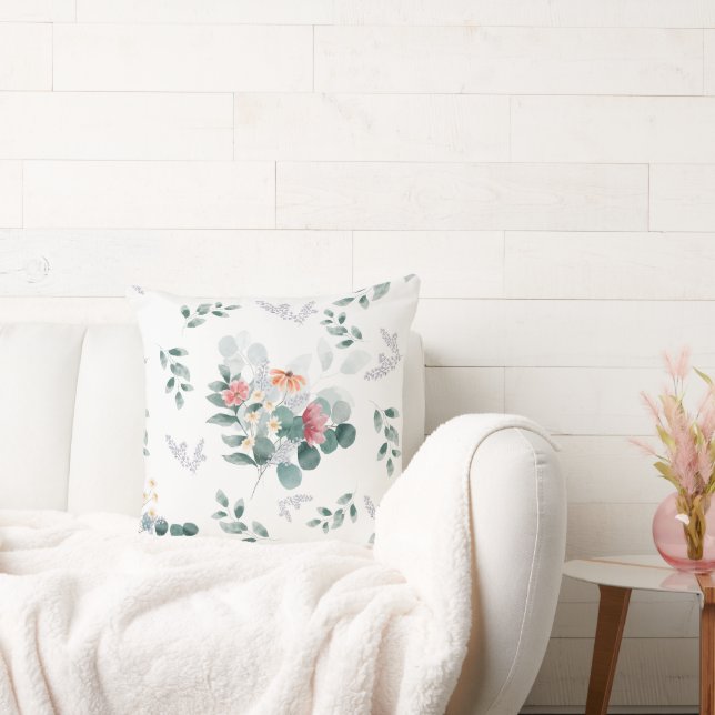 Elegant watercolor wildflower eucalyptus leaves cushion (Couch)