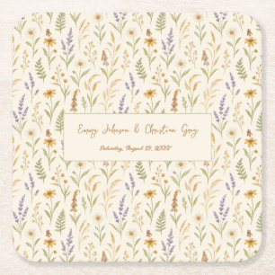 Elegant Watercolor Wildflower Floral Wedding Square Paper Coaster