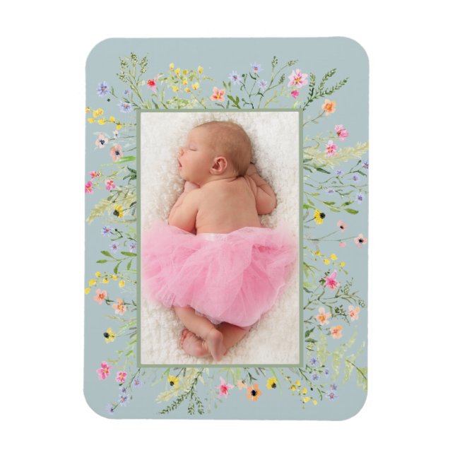 Elegant Watercolor Wildflower Frame Photo Magnet (Vertical)