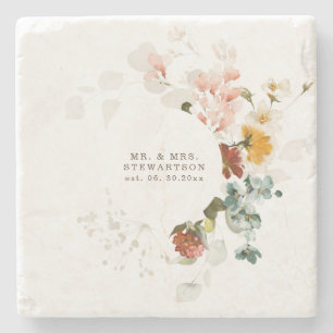 Elegant Watercolor Wildflower Garden Wedding Stone Coaster