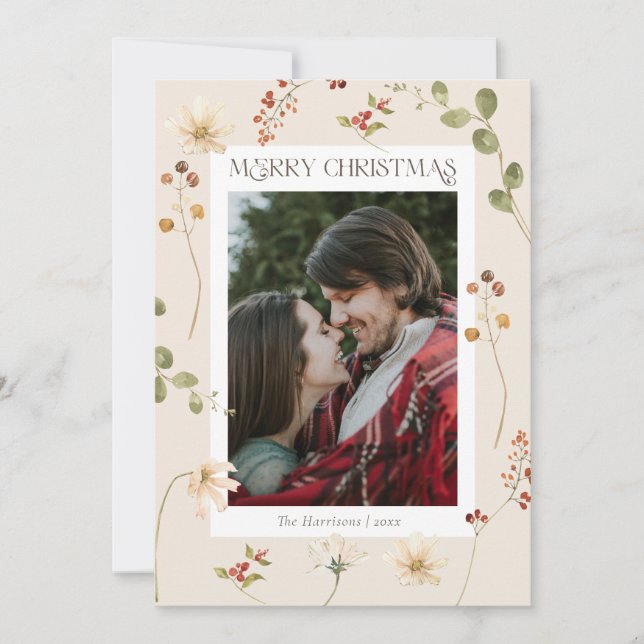 Elegant Watercolor Wildflower Merry Christmas  Holiday Card (Front)