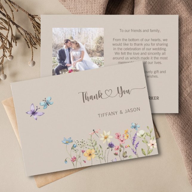 Elegant Watercolor Wildflower Photo Wedding  Thank You Card (Creator Uploaded)