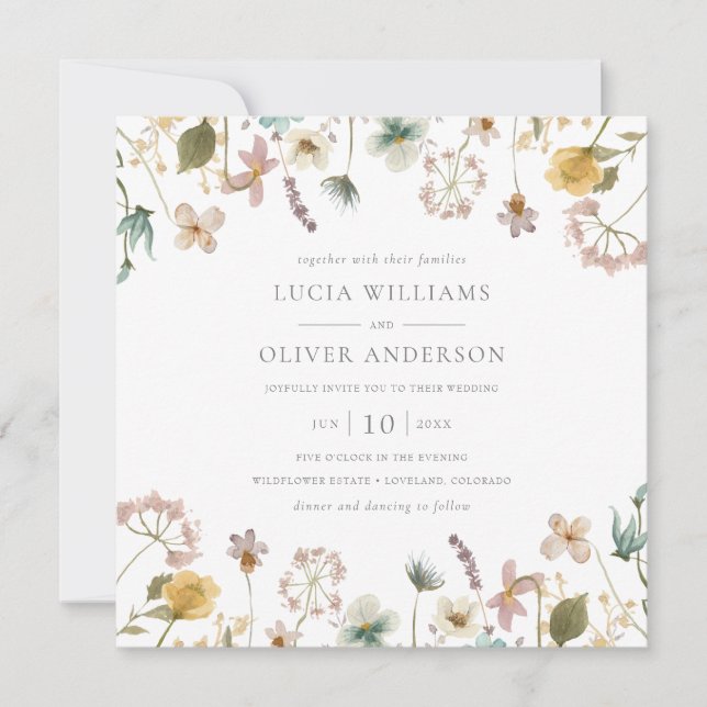 Elegant Watercolor Wildflower Square Wedding Invitation (Front)