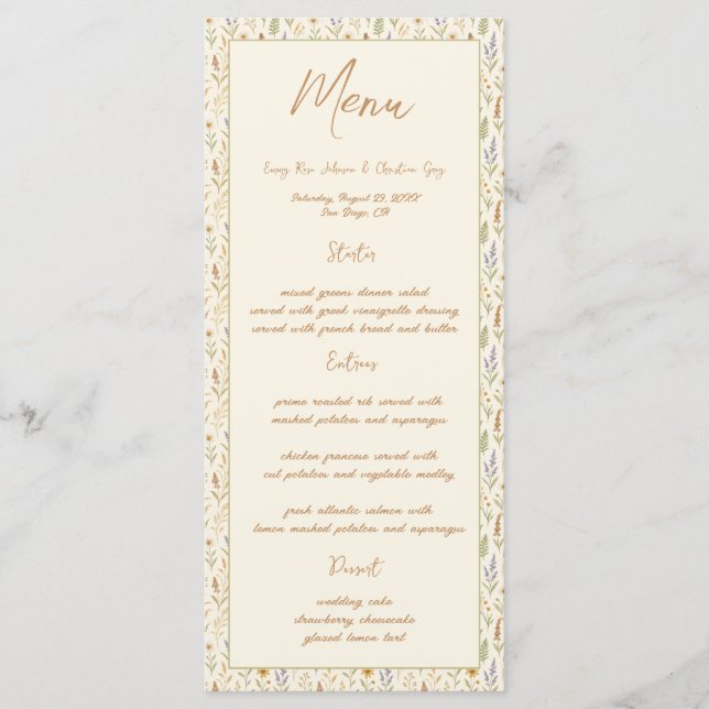 Elegant Watercolor Wildflower Wedding Menu (Front)