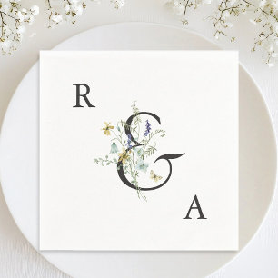 Elegant Watercolor Wildflower Wedding Monogram Napkin