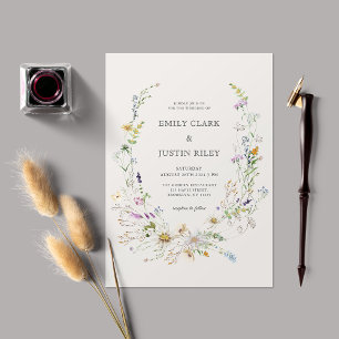 Elegant Watercolor Wildflower Wreath Beige Wedding Invitation