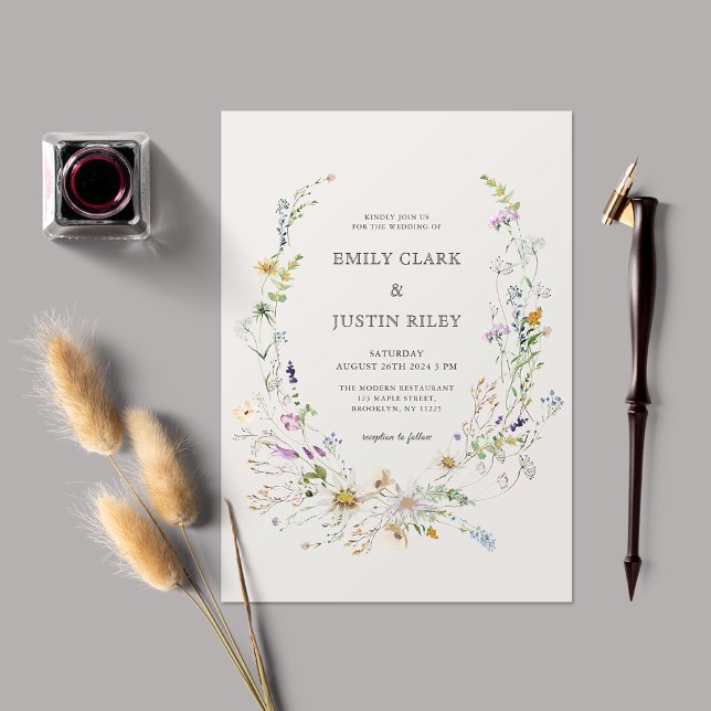 Elegant Watercolor Wildflower Wreath Beige Wedding Invitation (Creator Uploaded)