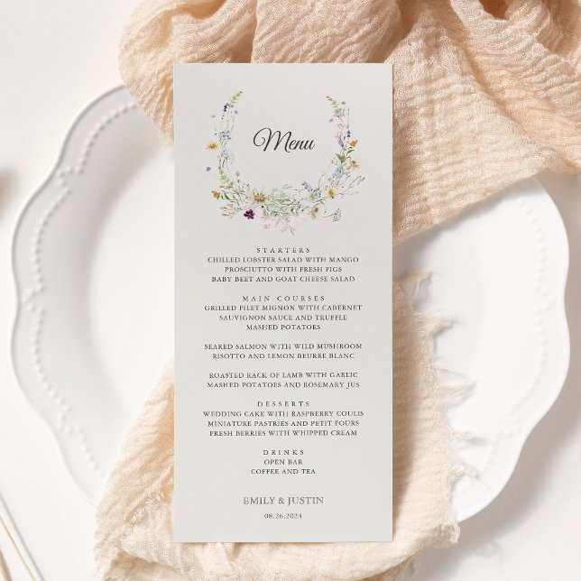 Elegant Watercolor Wildflower Wreath Beige Wedding Menu (Creator Uploaded)