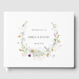 Elegant Watercolor Wildflower Wreath White Wedding Guest Book