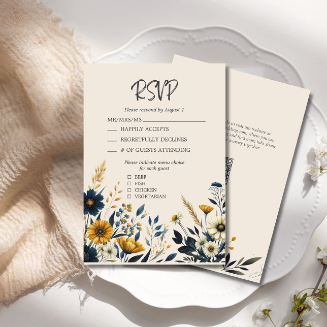 Elegant Watercolor Wildflowers Beige Wedding RSVP Card (Elegant Watercolor Wildflowers Wedding RSVP Card with Menu Selections and QR Code.)