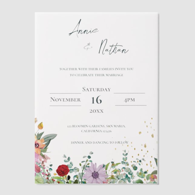 Elegant Watercolor Wildflowers Chic Floral Wedding Vellum Invitations (Front)