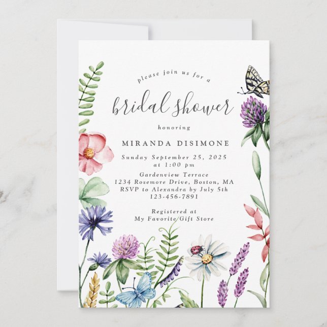 Elegant Watercolor Wildflowers Frame Bridal Shower Invitation (Front)