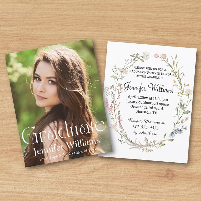 elegant watercolor wildflowers photo Graduation  Invitation (Creator Uploaded)