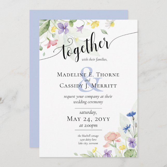 Elegant Watercolor Wildflowers Rainbow Wedding Invitation (Front/Back)